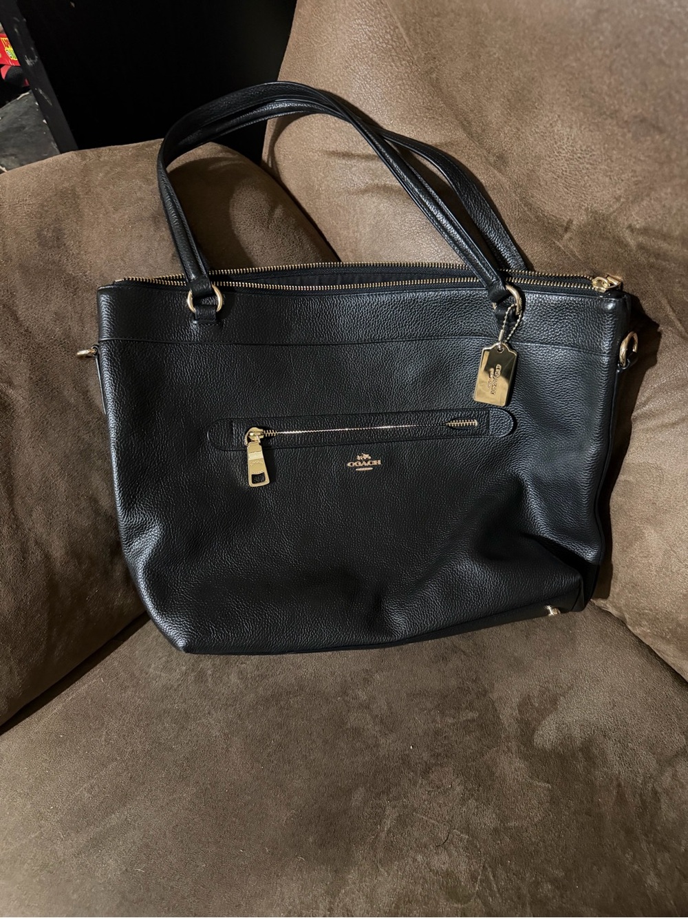 Coach Black Leather Tote with Gold-Tone Accents